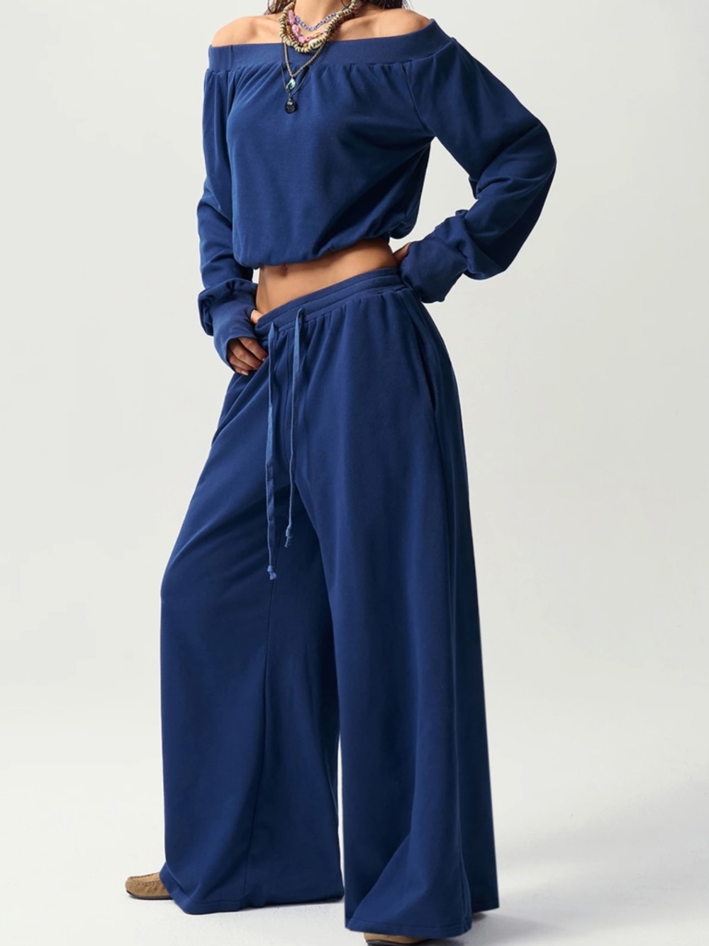 Solid Blue Off Shoulder Long Sleeve Top Wide Leg Pants Set - Picture 6 of 7